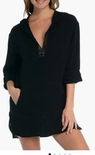 La Blanca Seaside Cotton Hoodie Gauzy Hooded Swim Cover Up Tunic Large Black