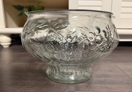 Vintage Jeanette Pressed Glass Embossed Fruit Motif Punch Bowl With Spoon