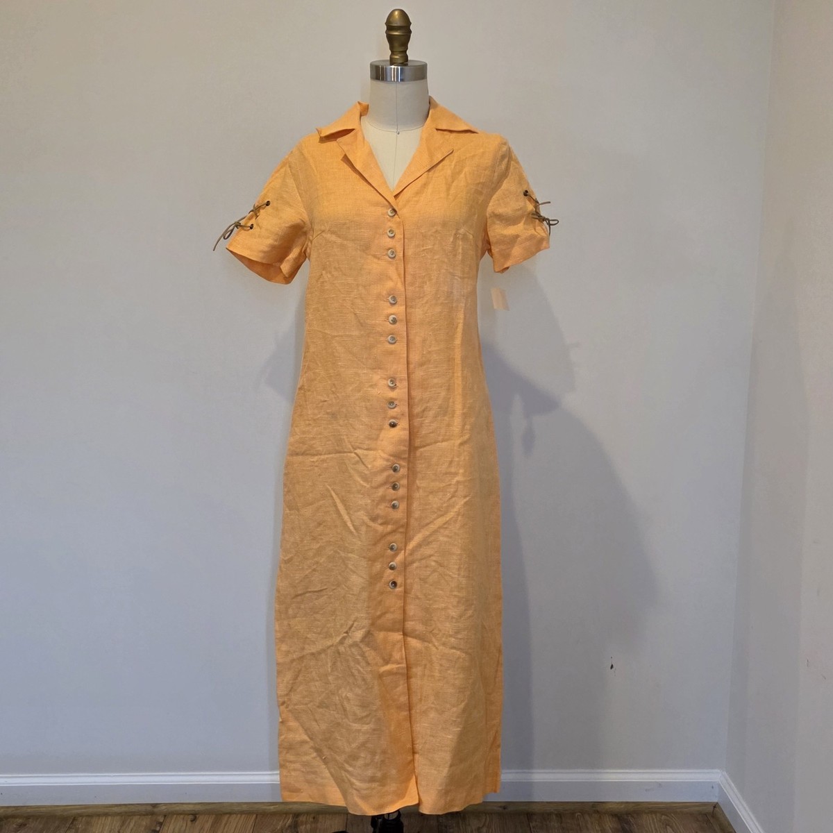 Harve Benard Linen Maxi Shirt Dress 4P Orange Button Front Lace Sleeve  Petite | eBay