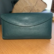 BUXTON Vintage Dark Green Envelope Leather Flap Kisslock Coin Clutch Wallet EUC