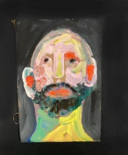 Original Portrait Painting Abstract Man Naive Primitive Painterly Wall Art