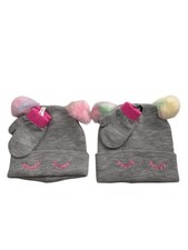 Cute Gray Knit Beanie  Mittens Set With Multicolor Pom Poms Girls Winter Hat