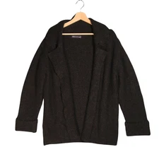 Marks Spencer Open Cardigan Size Medium Black Textured Fuzzy Cosy Winter Staple