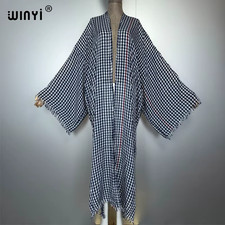 Classic Lattice Kimono Maxi Cardigan Beach Wear Cover Party Dress Abaya Dubai Lu
