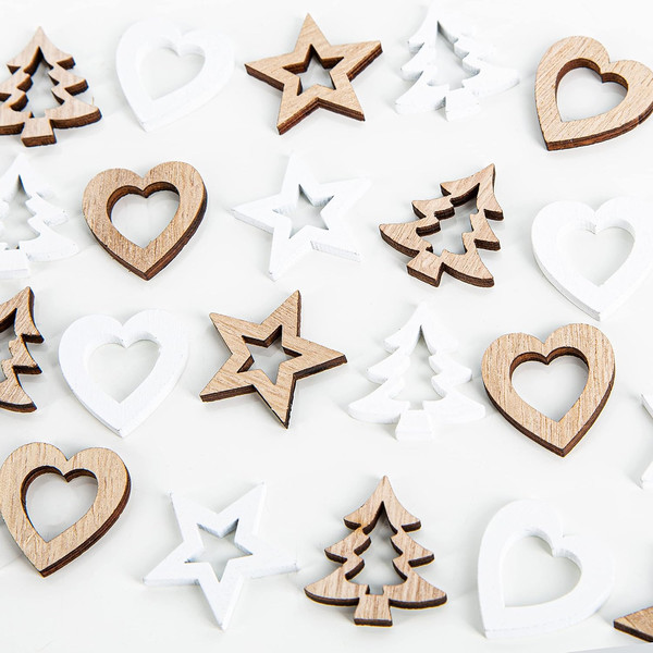 Streudeko Weihnachten Holz 24-Teilig – Herzen Sterne Tannenbaum Mix In Weiß & Na-image