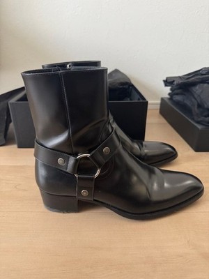 YSL Saint Laurent Black Leather Wyatt Harness Ring Boots Men's