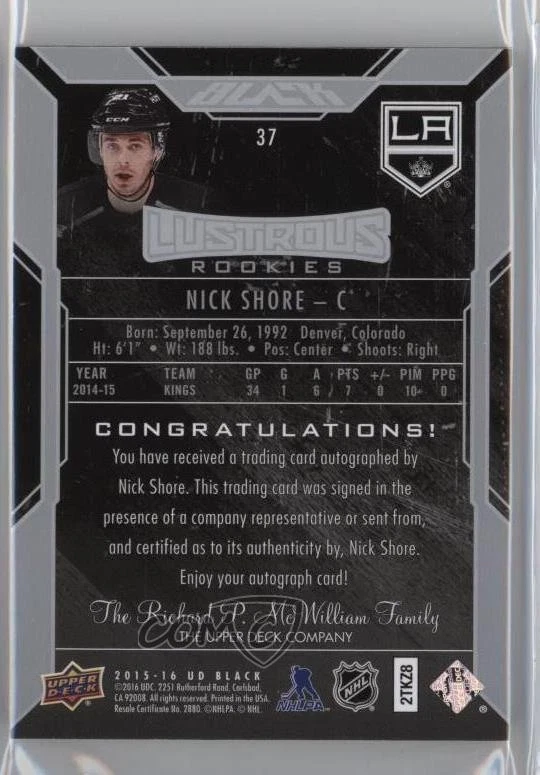 2015-16 UD Black Lustrous Rookies Signatures /299 Nick Shore #37 Rookie Auto RC - Image 2 of 2