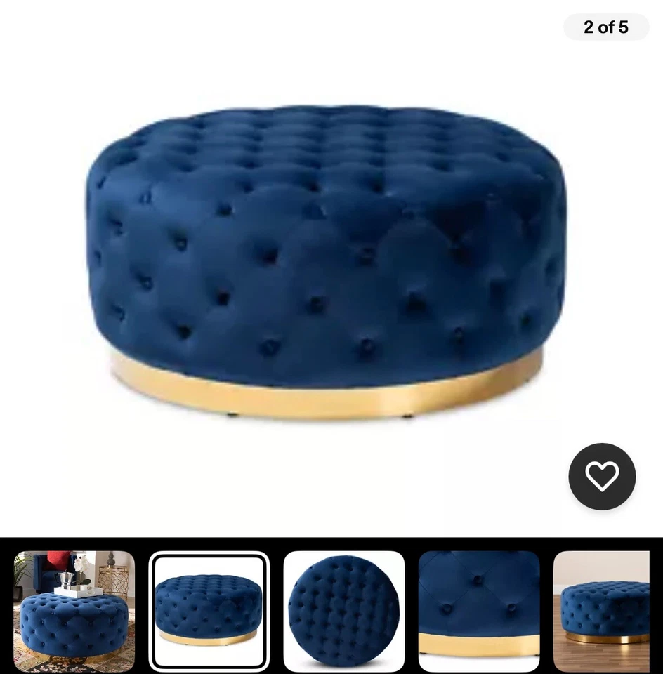 Otomana de cóctel Baxton Studio Sasha azul real tapizada de terciopelo acabado dorado Foto 3 de 3