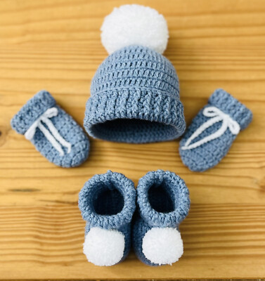 Blue Baby Gift Set, Crochet Hat, Crochet Booties, Crochet Mittens