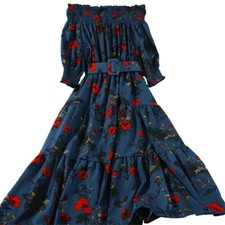 Retro Womens Floral Dress Off Shoulder Ruffle Puff Belt Midi Casual Hoilday Chic