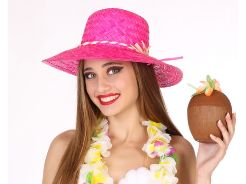 Cappello paglietta in paglia fucsia da donna estivo stile hawaiano feste a  tema | eBay