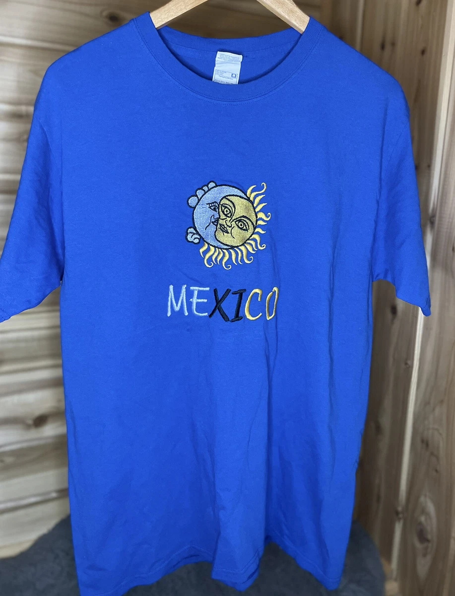 Blue Vintage Embroidered Sun & Moon Mexico T-Shirt Yazbek Tag- Size Large
