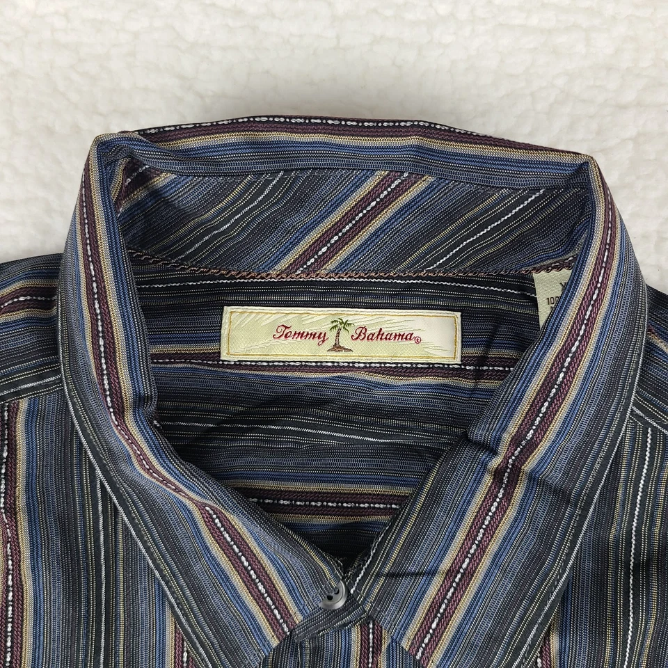 Camisa Tommy Bahama Para Hombres XL Azul Verde Rojo Rayas 100% Seda Vestido Abotonado Foto 4 de 4