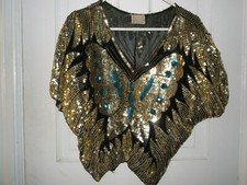 Vintage 70's Women Silk Sequin Butterfly Top Art Deco Glam Formal Gold RARE M/L