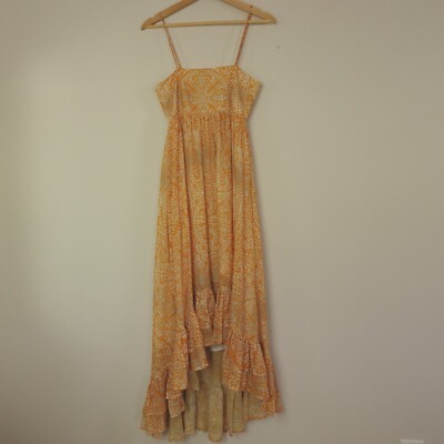 Kleid For Her Dress Womens XS Orange Tan Floral Multi Midi Ruffle Hem Resort