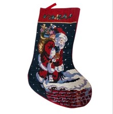 VTG Christmas Tapestry Needlepoint 17  Stocking Santa Claus Chimney Fireplace