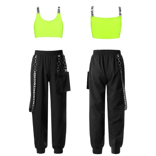 Kids Girls Crop Top With Pants Gym Dance Outfit Hip-Hop Sports Suit Metal Chain - Picture 13 of 44