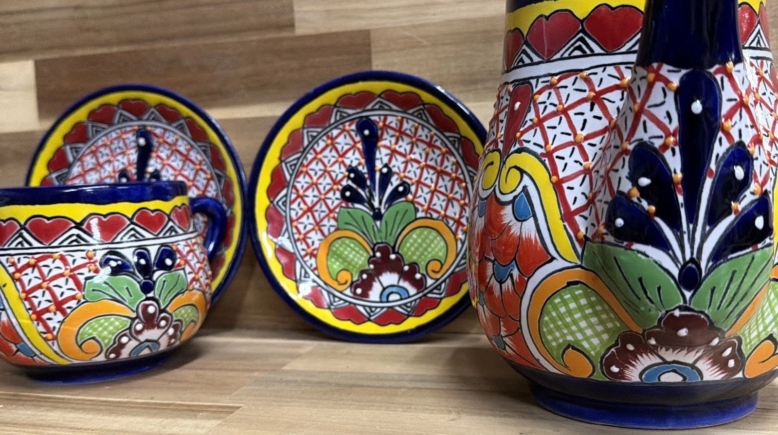 Vtg. Talavera Pottery Chocolate Pot Set Lead Free Mex Choc., Sugar Saucers Look!