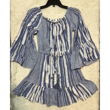 Blue Island Dress Womens XS Boho Striped Bell Sleeve Off Shoulder Excellent