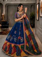 Royal Blue Indian Muslin Cotton Lehenga Choli Blouse Piece Dupatta Set