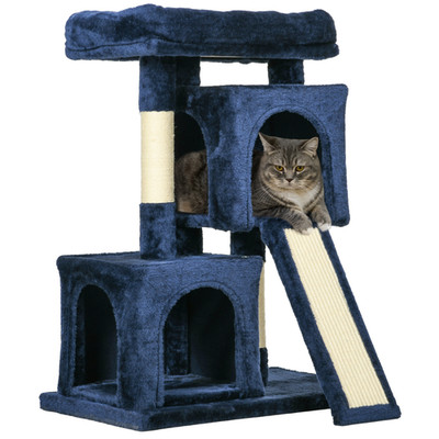 PawHut Cat Rest & Play Activity Tree Kratzbaum für 2 Häuser Sitzstange dunkelblau