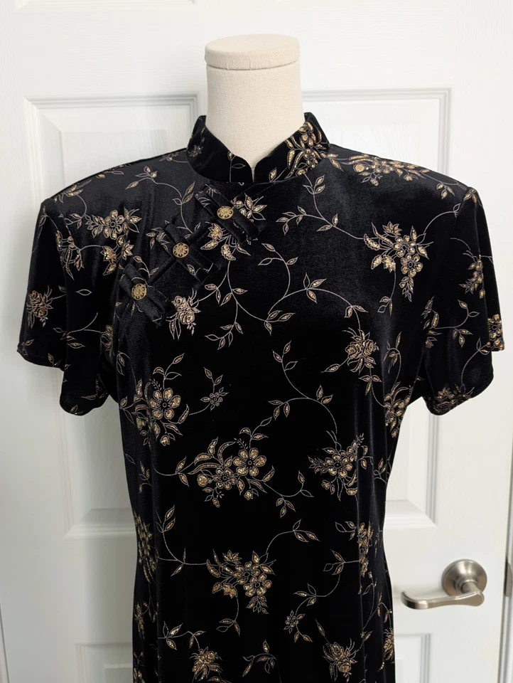 Vestido Sheri Martin Talla 14 De Colección Años 90 Cheongsam Qipao Negro Terciopelo Brillo Grunge  Foto 2 de 4