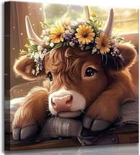 Cute Highland Cow Baby Canvas Wall Art Rustic Farmhouse Brown Daisy Calf Pain...