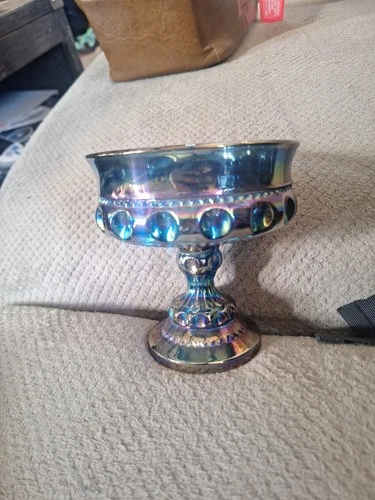 Compote  Indiana Carnival Glass Pedestal Thumbprint Candy Dish  Blue 5x5 Vtg