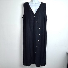 Sussan Black Linen Viscose Dress sz 18 Sleeveless Midi Buttons Elastic Waist