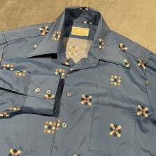 Vintage Sears Kings Road Shirt Mens Large Blue Groovy Disco Dagger Collar