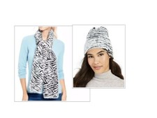 DKNY Fuzzy Animal Print Knit Scarf and Beanie Combo, Black/White