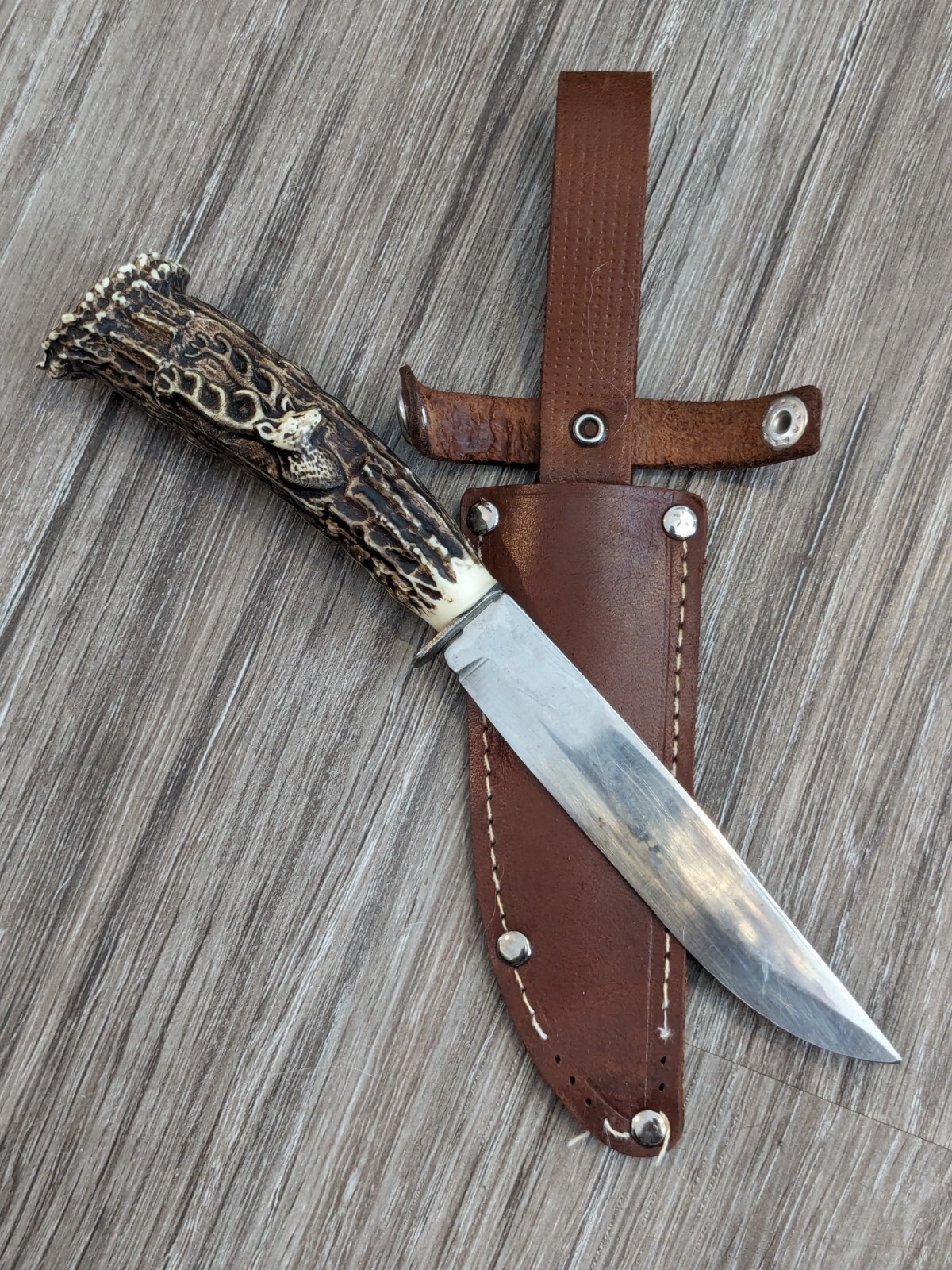 Vintage German Fixed Blade Knife Artifical Stag Antler Handle & Sheath