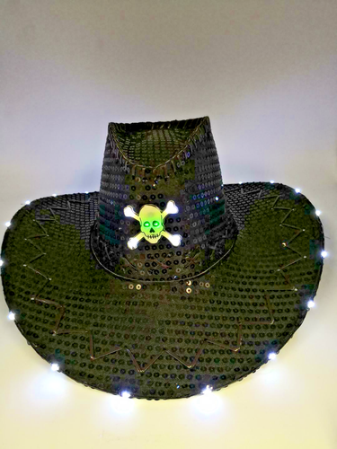 Light Up Black Skull Sequin Cowboy Hat 