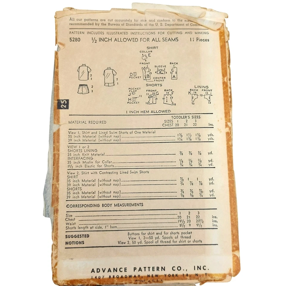 1940s Vintage Advance Sewing Pattern 5280 Toddler Boys Shirt and Shorts Size 2 - Image 2 of 3