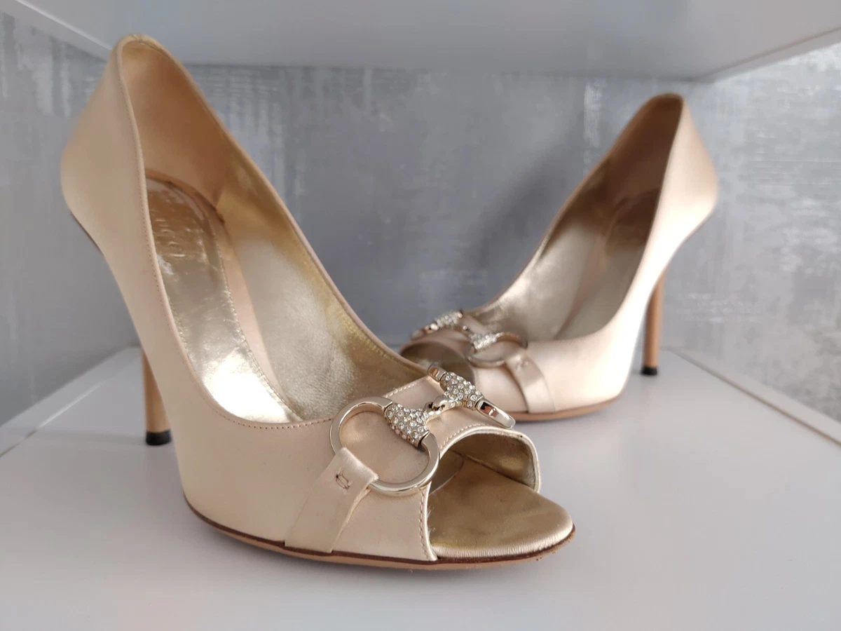 Gucci Ivory Cream Satin Pumps Rhinestone Horsebit Heels Crystal Shoes Peep  Toe 6