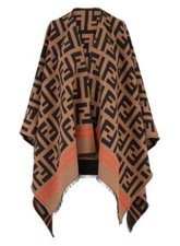 New Fendi Roma Black Camel Brown Ff Thick Wool Silk Poncho Cape Jacket