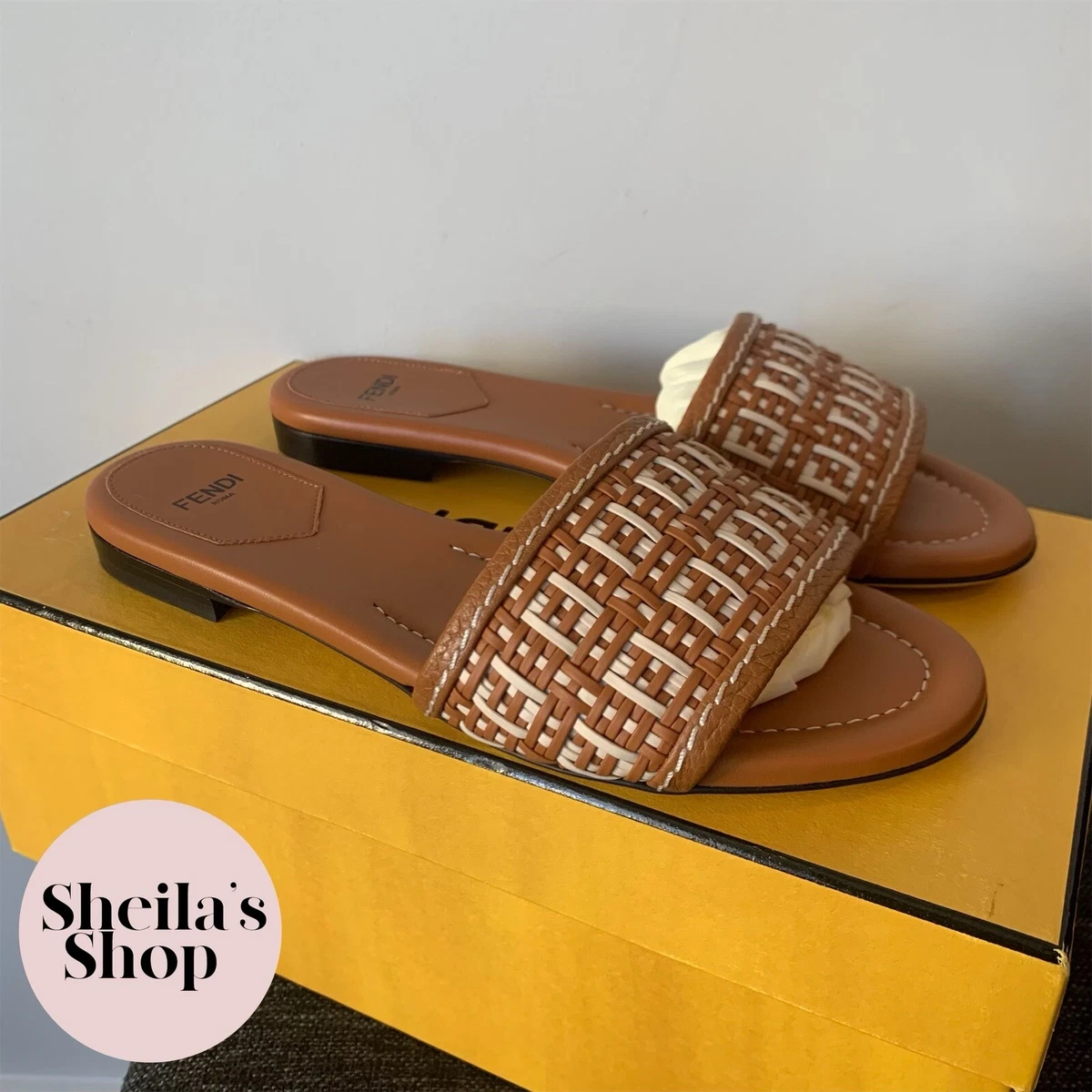 NIB Fendi Rafia Logo Flat Leather Slide Sandals Naturale Size 36.5