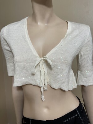 Women s Ivory Acrylic Casual Short Beaded Glitter Tie Size S Jacket Top