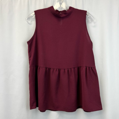 Moa Moa Womens Blouse Wine Sleeveless High Neck Gathered Buttons Loops M