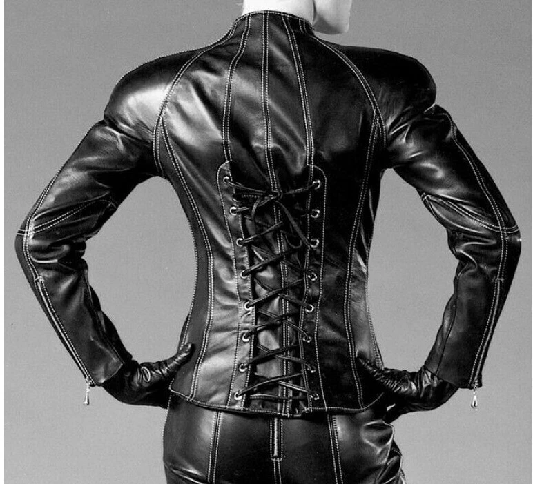 Women Genuine Leather Designer Jacket Raglan Sleeves Corset Lace Back  Fetish Top