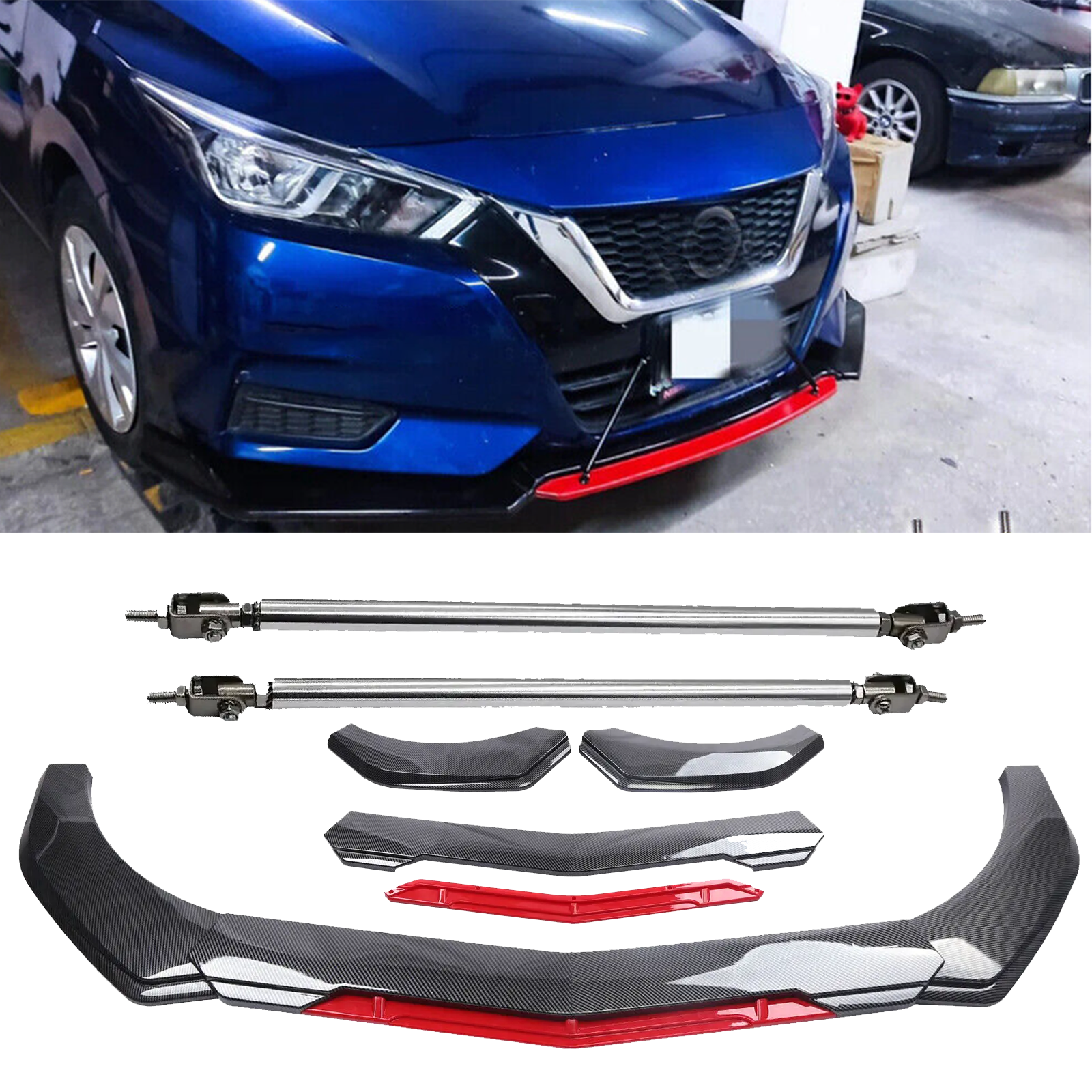Carbon Fiber Front Bumper Lip Spoiler Splitter with Strut Rods for Nissan Versa  