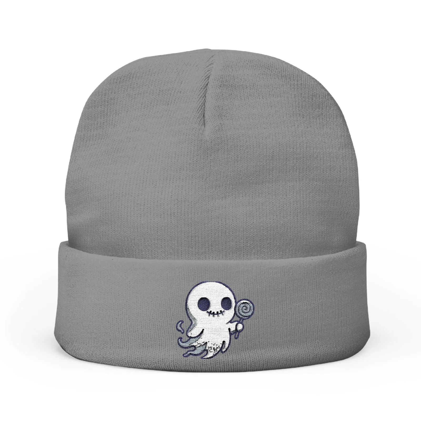 Knit Beanie Hat Embroidered Creepy-Cute Ghost with Lollipop Art