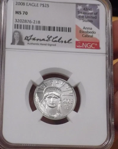 2008- P$25 Platinum 1/4 oz American Eagle ngc ms 70 anna escobedo cabral RARE!