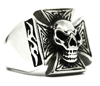 Maltese Cross, Skull Ring, Heavy, Large, Stainless  7,8,9,10,11,12,13,14,15,16