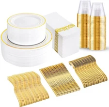 350PCS Gold Plastic Dinnerware Set - Gold Plastic Plates Disposable