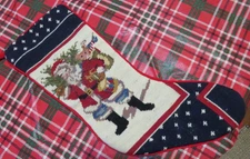 Vtg Handmade Christmas Stocking  - Santa w/Backpack -  100%Wool   18.50x7"