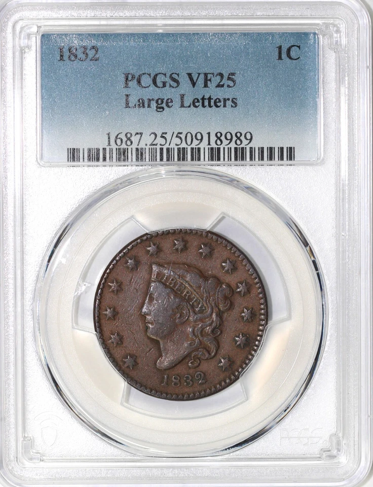1832 1c Large Letters N-3 Coronet or Matron Head Large Cent PCGS VF 25 - Image 3 of 4