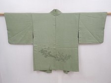 6120T02z510 Vintage Japanese Kimono Silk HAORI Trees Pistachio green