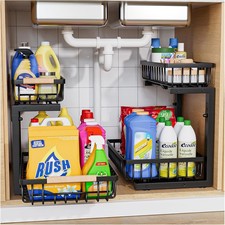 Under Sink Organizer,2 Pack Under Kitchen Sink Organizer,2 Tier Sliding-Out