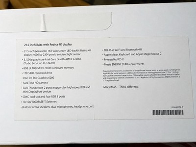 Apple iMac 21.5in Retina 4K, i5 3.1GHz, 8GB RAM, 1TB HDD, 2015 Silver